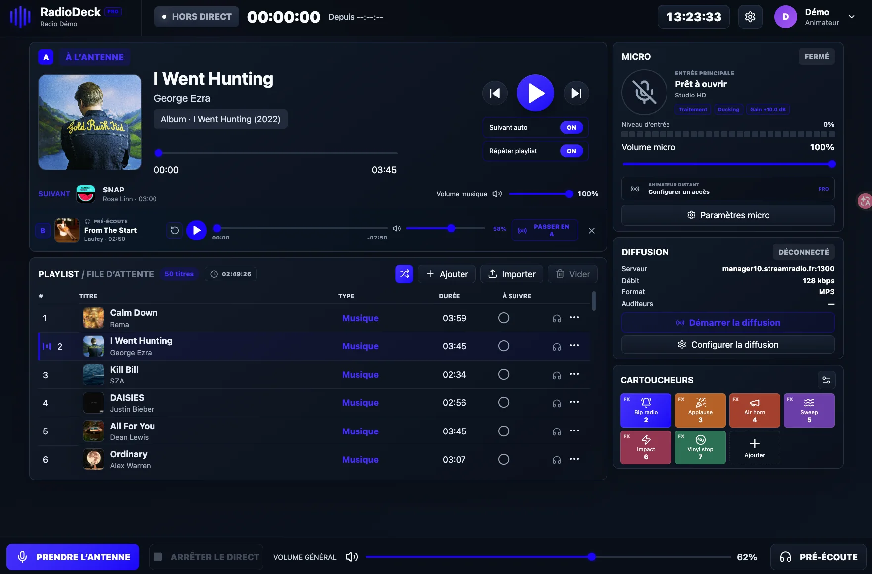 Interface RadioDeck avec contrôle micro et diffusion