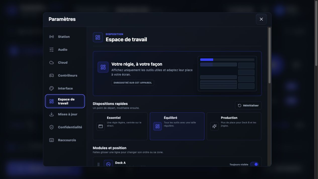 Réglages de l’espace de travail personnalisable RadioDeck Studio