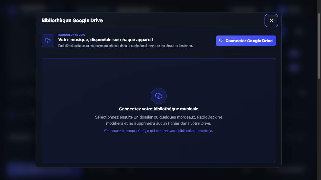Bibliothèque musicale Google Drive intégrée à RadioDeck Studio
