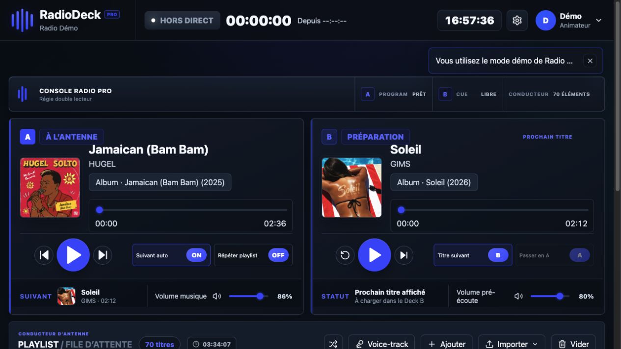 Mode Radio Pro avec les lecteurs A et B et la playlist