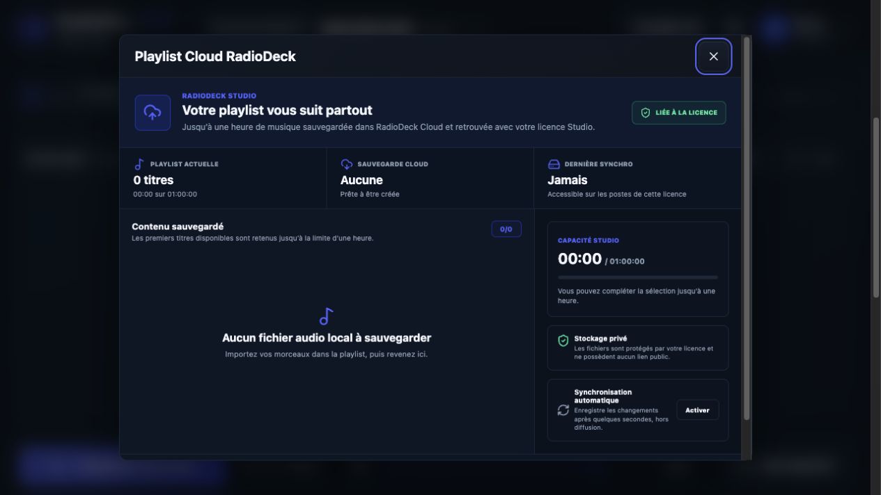 Playlist Cloud RadioDeck Studio liée à une licence