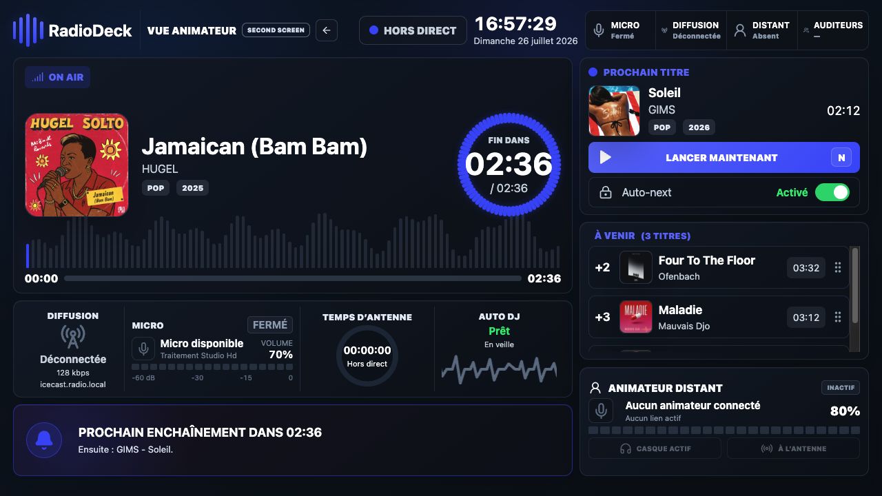 Vue animateur RadioDeck affichant le titre en cours et les prochains éléments